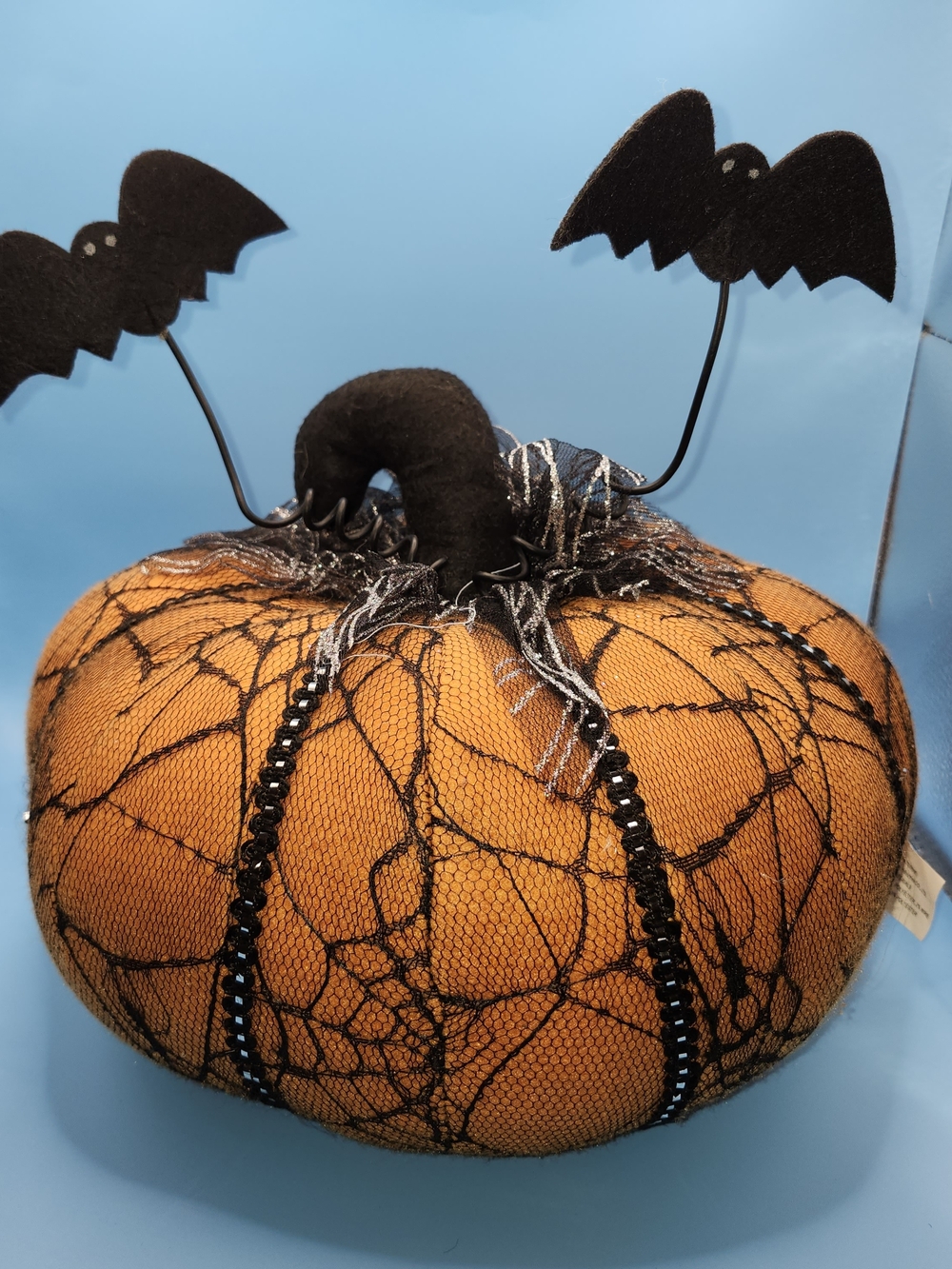 Halloween Pumpkin Centerpiece Orange Black Mesh Fabric Spiderweb w/ Bat Pick